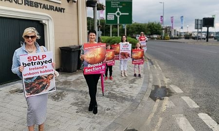 Precious Life protest SDLP Leader Colum Eastwood MP after he votes for abortion up to BIRTH in NI